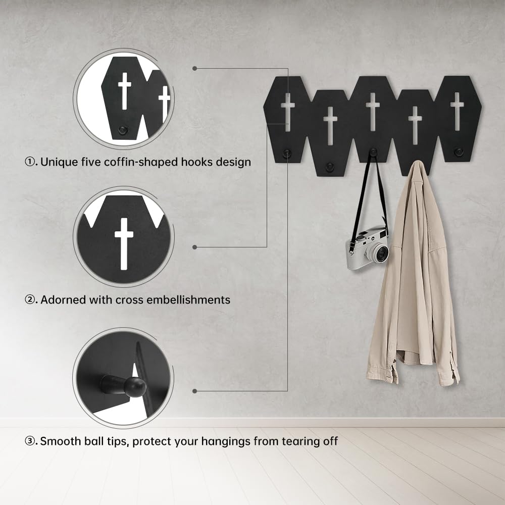 Gothvanity Gothic Coffin Coat Hooks - Heavy Duty 5-Hook Wall Rack, Wooden Black Spooky Dark Aesthetic Decor for Keys Purse Towel Clothes, Bathroom Bedroom Living Room