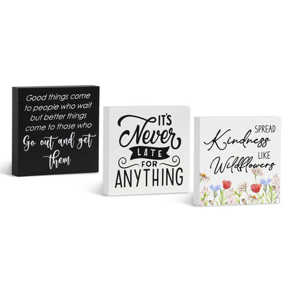 3 Pcs Inspirational Wood Box Sign Set, 5x5 Inches Motivational Quotes Wooden Blocks, Rustic Table Centerpiece Decorations