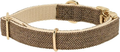 Luxury Soft Cotton Tweed Fabric Dog Collar & Leash Set with Gold Buckle – Durable Fabric, Stylish Design for Everyday Walks(Small Coffee)