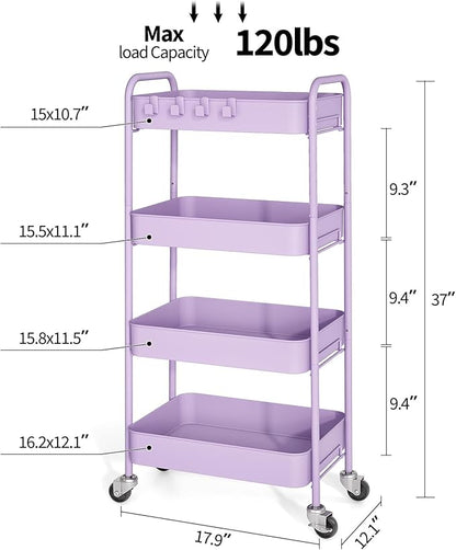 TOOLF 4-Tier Rolling Cart - Metal Storage Organizer with Lockable Wheels, 44 lbs Per Shelf Capacity, Tool-Free Assembly, for Kitchen Bathroom Office Laundry Room Nursery, Purple