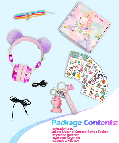SVYHUOK Cat Ear Wireless Headphones for Kids with Mic, Bluetooth Over Ear Headset for School Cellphone Smartphones Laptop PC LED Light,Wired Headset for School Home (Violet Ball)