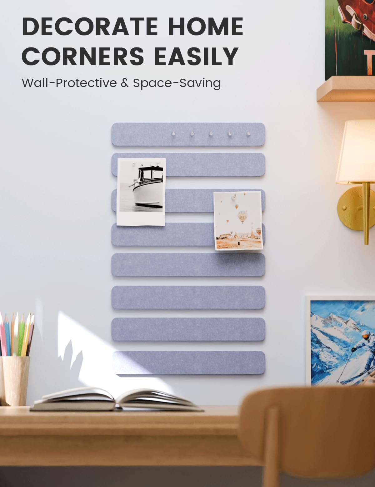 Fluxynara Cork Board Alternative Felt Strip Board 8-Pack 13"x2", Office Pin Board with 50 Push Pins, Adhesive Install for Bedroom Door & Home Office (Soft Periwinkle)