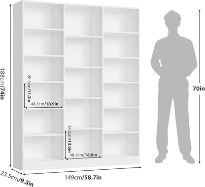 FACBOTALL Triple Wide Bookshelf, 6 Tier Large Bookshelf, Bookcase with 17 Open Display Shelves, 74'' Tall Bookcases and Bookshelves for Living Room, Home Office, Library, White
