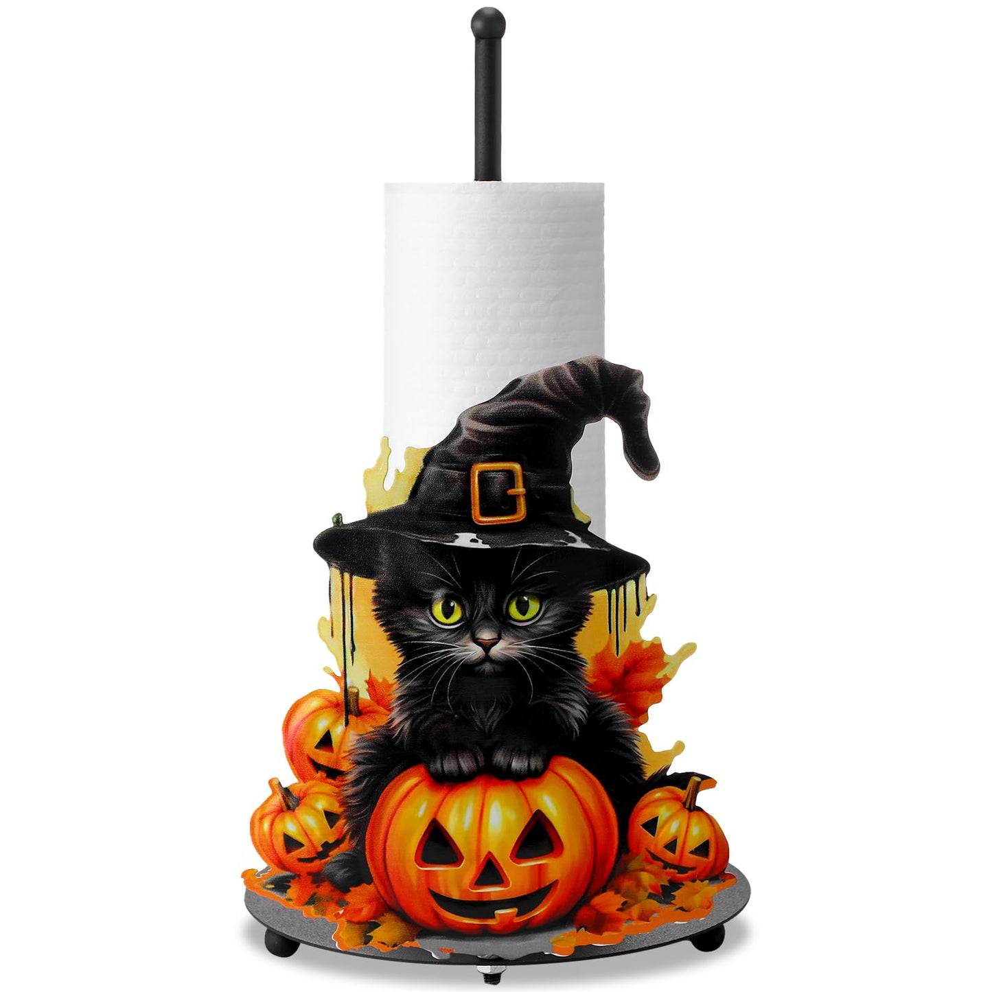 MorningRo Halloween Black Cat Paper Towel Holder Metal Halloween Kitchen Decor Accessories Farmhouse Pumpkin Paper Towel Stand for Countertops Bathroom Cat Pumpkin Gifts