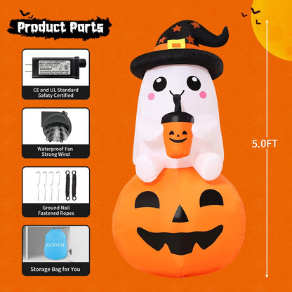 GOOSH 5 FT Halloween Inflatable Ghost Pumpkin Outdoor Decorations Blow Up Yard Ghost in Pumpkin with Built-in LEDs for Indoor Party Garden Lawn Decor