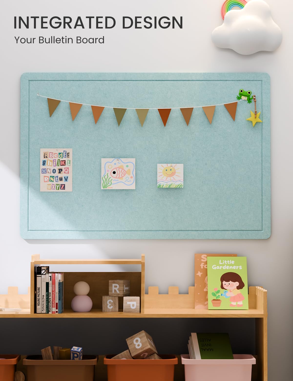 Fluxynara Bulletin Board,35.4" x 23.6" Cork Board Alternative with 12 Safe Removable Adhesive Tabs, Foldable Felt Pin Board for Home Office, Classroom, Bedroom,Entryway for Walls—Aqua Blue
