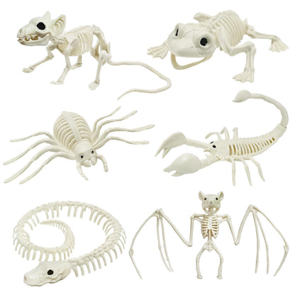 LUKBERA 6pcs Halloween Animal Skeletons, Bat Frog Scorpion Spider Snake Rat Skeletons for Halloween Party Haunted House Graveyard Scene Decoration