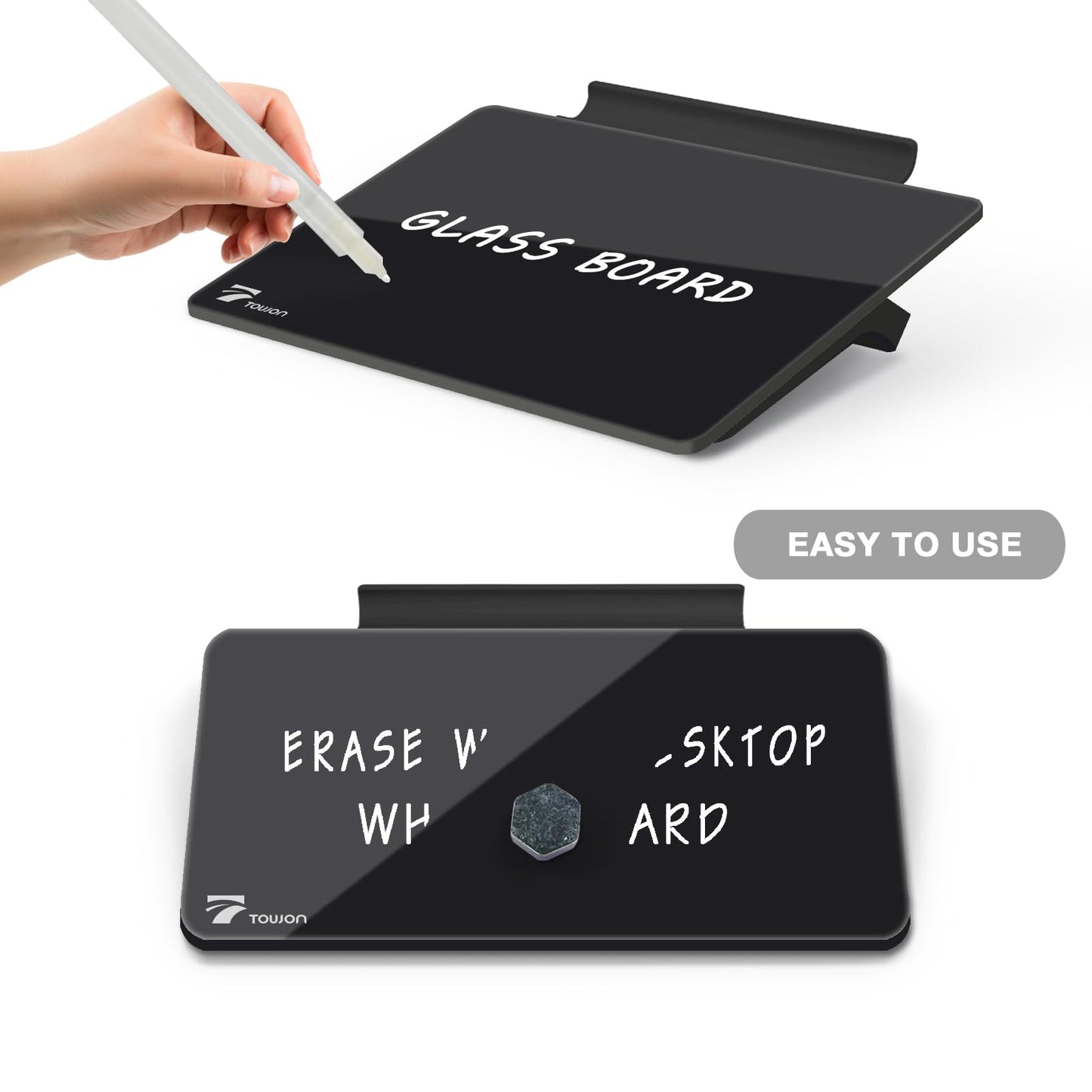 TOWON Small Glass Dry Erase Board, Desk White Board with Standing, Mini Whiteboard Easel Pad Set, Stenography Artifact for Office, Home and School Supplies, 8x6 Inches, Black