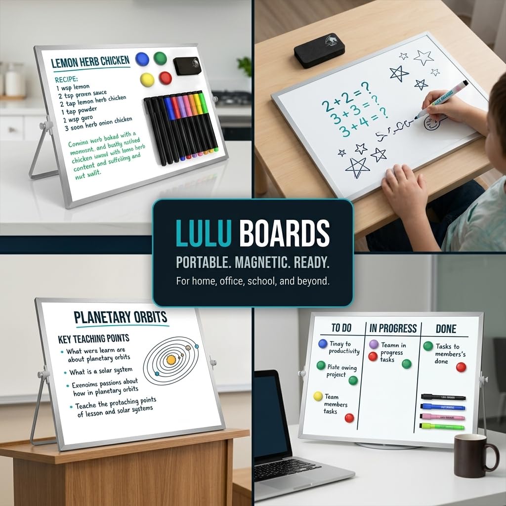 Magnetic Dry Erase Board 16x12 Inch - Double-Sided Desktop Whiteboard with 360° Rotating Stand - Small Portable White Board Set with 10 Markers, 4 Magnets, Eraser for Home Office, School, Desk