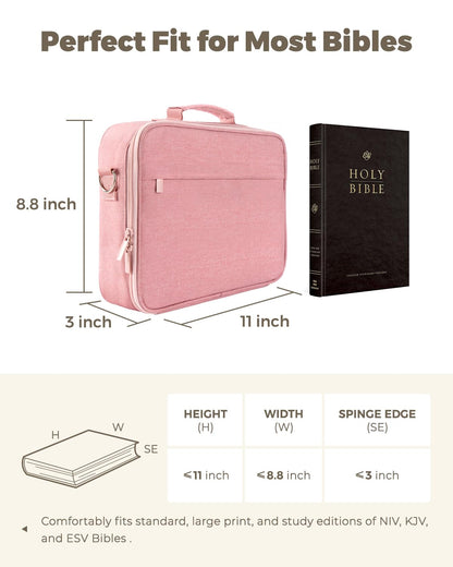 WEMATE Large Capacity Bible Cover Case, Waterproof Study Supplies Tote Bag with Double-Layer Handle & Shoulder Strap, Bag for Women, Girls, Teens, and Christian (Pink)
