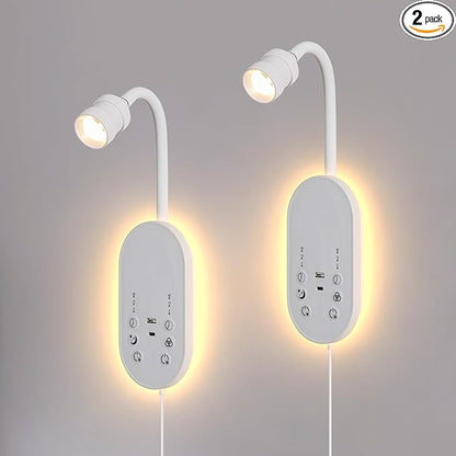 Books Lights for Reading Set of 2, Bedside Wall Mounted Reading Light with 3 Color Temperature & Timers, Touch Control Stepless Dimmable Wall Sconces, Flexible Gooseneck Bed Lights for headboard