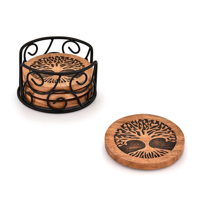 Samhita Tree of Life Wooden Coaster Set with Iron Holder – Acacia Wood & Iron Drink Coasters, Set of 4, Decorative Table Coasters for Home & Office Décor