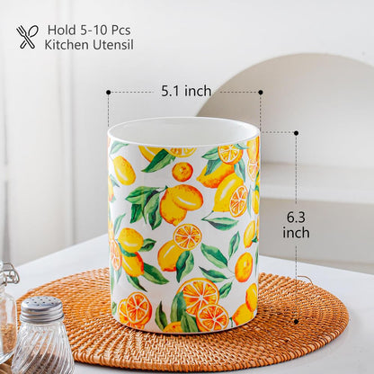 Kitchen Utensil Holder, 6.3" Ceramic Cooking Utensil Holder for Countertop, Large Utensil Crocks for Kitchen Counter Decor, Modren Utensil Organizer Decorative Fruit patterns (Yellow Lemon, 6.3 Inch)