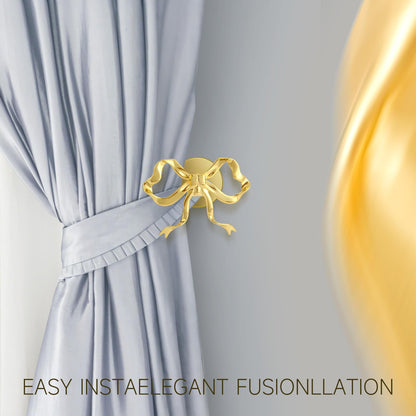 2 Pcs Gold Bow Curtain Tiebacks, Bow Curtain Holdbacks Wall Mounted, Suitable for Curtains and Bow Room Decoration