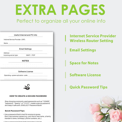 Elegant Password Book with Alphabetical Tabs - Hardcover Password Book for Internet Website Address Login - 7" x 10" Password Keeper and Organizer w/Notes Section & Back Pocket (Green)