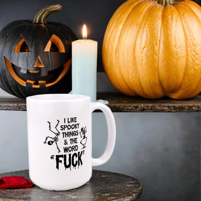 Hogg Halloween Coffee Mug, 15 oz Ceramic Halloween Coffee Cup, I Like Spooky Things And The F Word Mug, I Like Spooky Things And The F Word, White Elephant Cup, Funny Gag Gifts