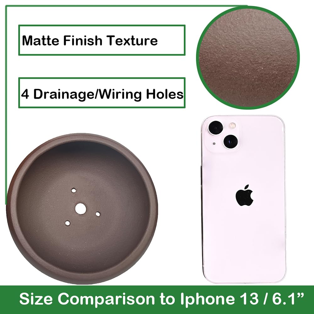 MUZHI 5.3” Round Ceramic Bonsai Starter Pots with Trays Set of 2 Brown and Red, Small Vintage Unglazed Succulent Pots with Saucers Minimalist Classic Mame Bonsai Planter with Drainage