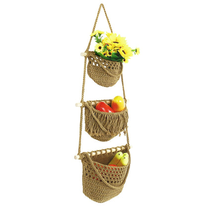 Cabilock 3 Tier Hanging Fruit Basket for Kitchen - Boho Macrame Woven Wall Storage for Onion and Potato, Space-Saving Cotton Rope Produce Organizer for Pantry & Bathroom