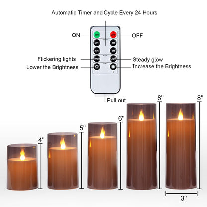 Homemory Gray Flickering Flameless Candles, Battery Operated Acrylic LED Pillar Candles with Remote Control and Timer, Halloween Decor, Set of 5