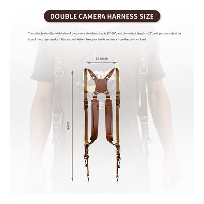 Gugxiom Double Camera Strap,Camera Shoulder Strap for Two Cameras,Adjustable Leather Double Camera Harness Brown