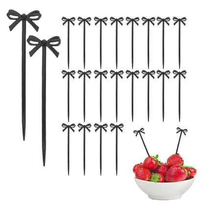 100pcs Black Bow Cocktail Picks,Plastic Bow Decor Fruit Fork Bow Drink Stirrers Black Bow Cupcake Toppers Party Food Sticks Toothpick Dessert Picks Decorative Skewers for Appetizers Party