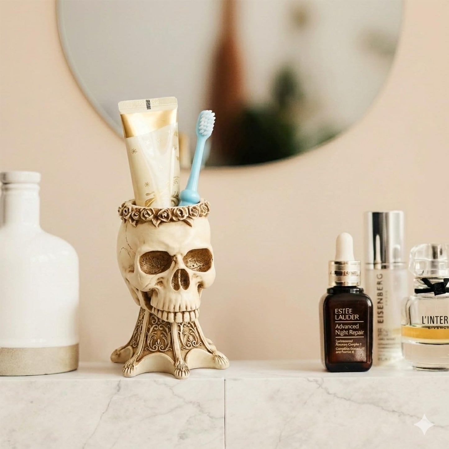 OOXYG Skull Toothbrush and Toothpaste Holder for Bathroom, Unique Skull Makeup Brush Holder, Resin Skeleton Pen Holder, Home Office Bathroom Halloween Decor