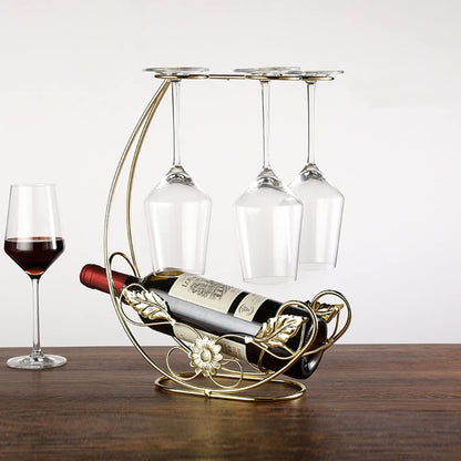 Hongiuia Metal Wine Rack, Tabletop Wine Glass Holder, 1 Bottle+4 Cups Gold