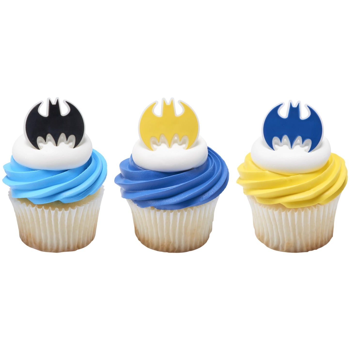 DecoPac Batman Dark Knight Rings, Glow In The Dark Batman Cupcake Decorations, Bat Signal Cake Toppers in Black, Yellow, Blue - 24 Pack