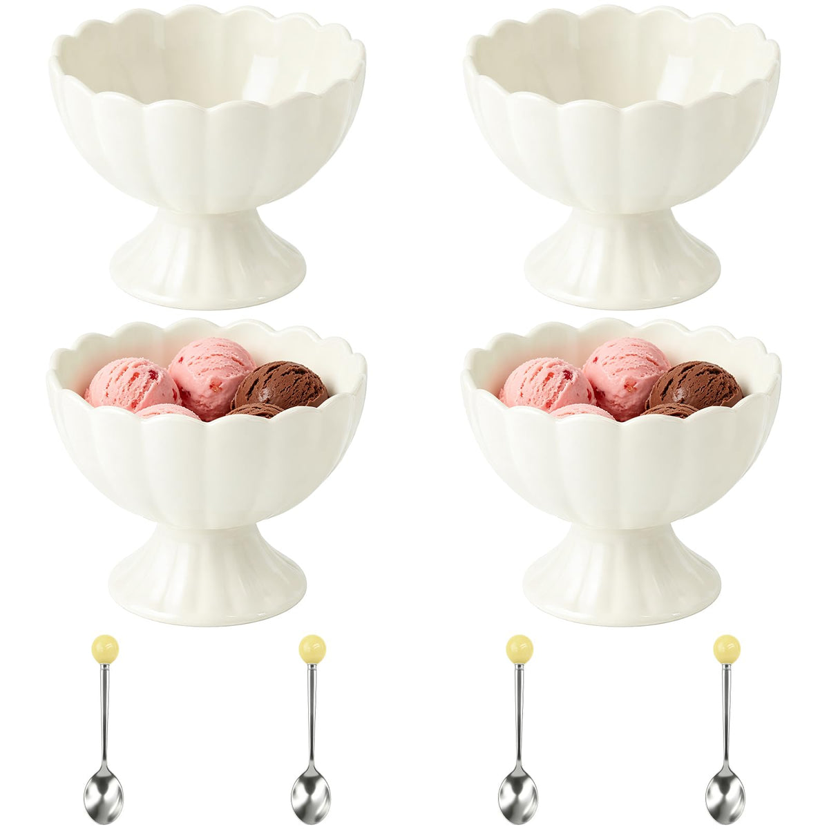 4 Pcs Ceramic Dessert Bowls Set, Elegant Scalloped Rim Pedestal Cups with 4 Spoons, 6.76 fl oz Small Dessert Bowls, Smooth Finish, Easy Clean, 4.5 x 3.5 in for Ice Cream, Snacks, Puddings, White
