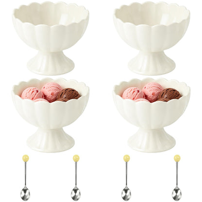 4 Pcs Ceramic Dessert Bowls Set, Elegant Scalloped Rim Pedestal Cups with 4 Spoons, 6.76 fl oz Small Dessert Bowls, Smooth Finish, Easy Clean, 4.5 x 3.5 in for Ice Cream, Snacks, Puddings, White
