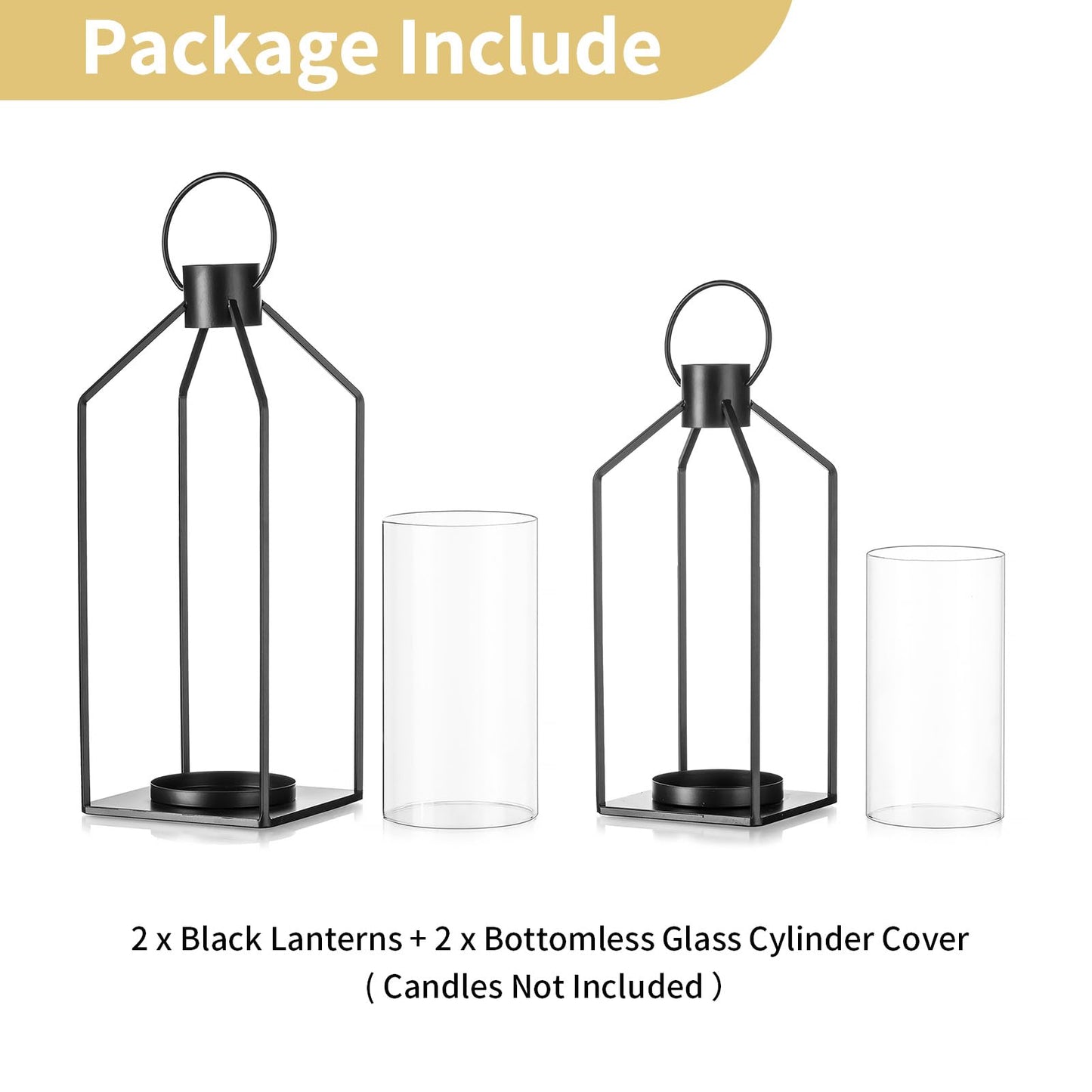 Nuptio Decorative Lantern Candle Holder: 2 Pcs Glass Hurricane Pillar Candles Holders Rustic Black Metal Hanging Lanterns Decor for Outdoor Wedding Farmhouse Home Fireplace Christmas Halloween