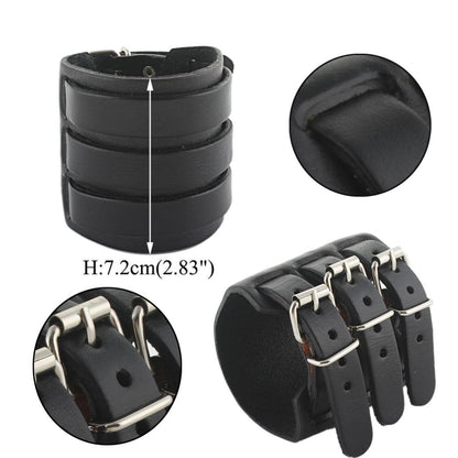 EVER FAITH 3 Layer Wide Belt Synthetic Leather Men Wristband Black Bracelet Unisex Couple