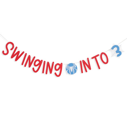 Spider 3rd Birthday Banner - Swinging into 3 Banner, Spider Birthday Decorations for Kids, Boys Third Bday Decor