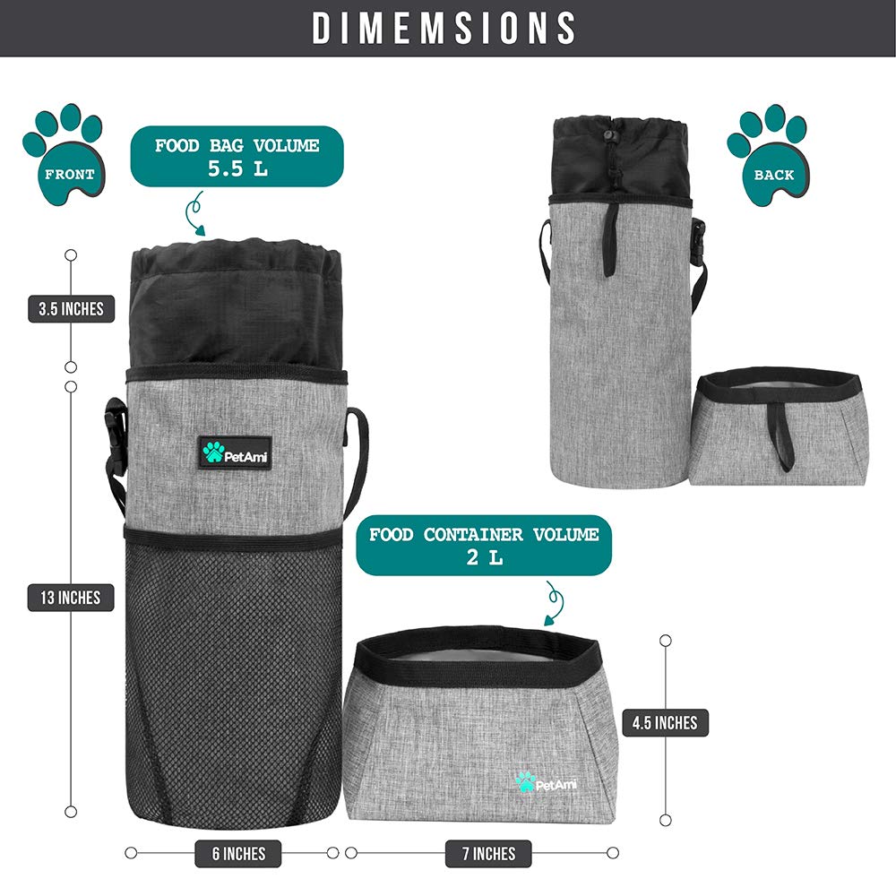 PetAmi Travel Dog Food Bag Pet Collapsible Dog Bowls Set, Dog Kibble Bag, Pet Food Water Bowls for Dogs Cats, Foldable Waterproof Dog Camping Bowls Cup Dish Accessories for Hiking, Heather Gray