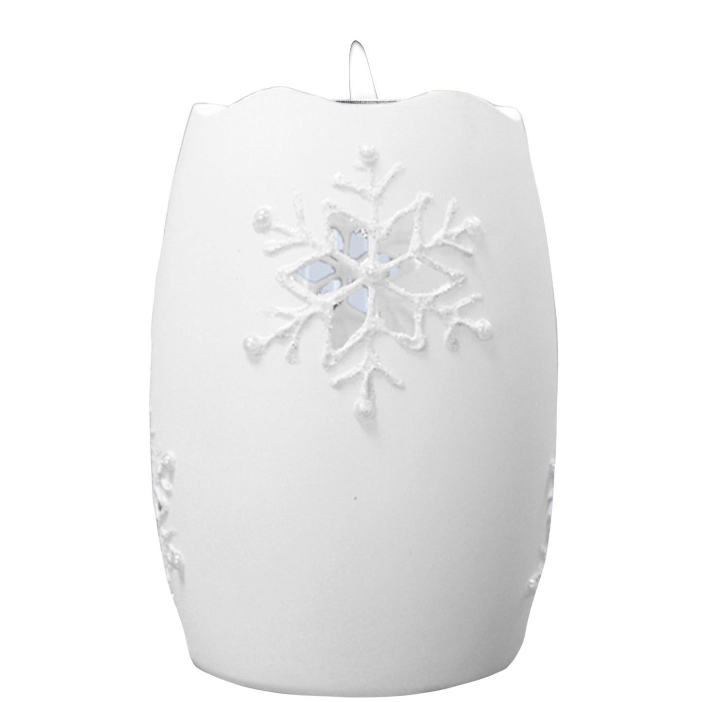 Lighted Snowflake Candle Holder – White Frosted Glass Christmas Decoration, 5" H x 3.5" D Winter Snowflake Table Décor, LED Holiday Candle Holder for Mantel, Shelf, Centerpiece Home Accent Gift