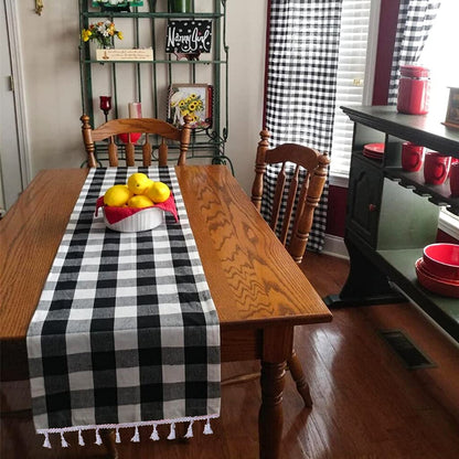DUOBAO Black and White Checkered Table Runner 108 inches Long Halloween Tablecloth-Runners Buffalo Plaid Fabric with Tassels Gingham for Tables Outdoor Indoor Wedding Birthday Party (2pcs 14x108-Inch)