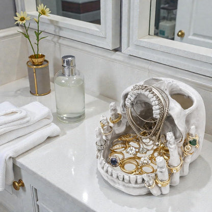 Resin Skull Shaped Jewelry Holder for Ring & Charm, Gothic Skull Decorative Storage for Earring Trinket, White Dark Aesthetic Halloween Decor, Shelf Display Gift for Bedroom, Living Room Home Office