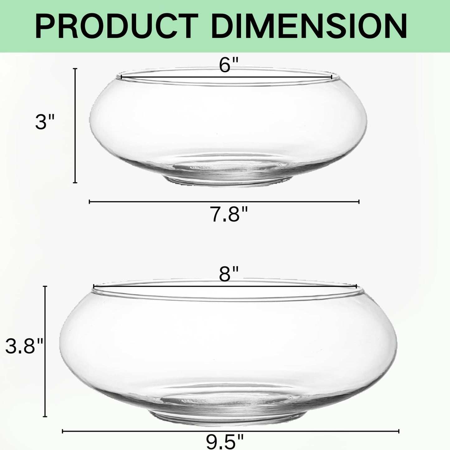 ZENFUN 2 Pack Glass Vase Bowl, 6"/ 8" Wide Mouth Flower Vase Round Terrarium, Glass Hydroponic Planter Floral Container Clear Fish Bowl for Table Centerpiece, Wedding Event, Home Decoration