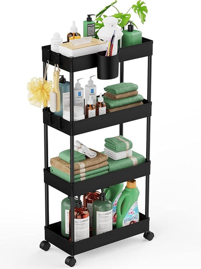 LEHOM Slim Rolling Storage Cart - 4 Tiers Bathroom Organizer Utility Cart Slide Out Storage Shelves Mobile Shelving Unit for Kitchen, Bedroom, Office, Laundry Room, Small Narrow Spaces（7.1" W+Black）