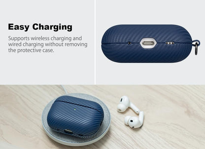 Haobobro Leather Case - for AirPods Pro 2 Case Cover with Keychain - Selected Skin-Friendly Leather, Carbon Fibre Texture, Handmade Shockproof Hard Cover for AirPods Pro 2nd Generation Earbuds - Blue