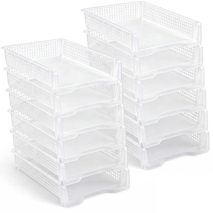 Geetery Set of 12 Plastic Trays for Teachers Turn in Trays Classroom Stackable Paper Tray Plastic Classroom Teachers Desk Letter Organizer Storage Baskets for Office, Desk, Home (Clear)