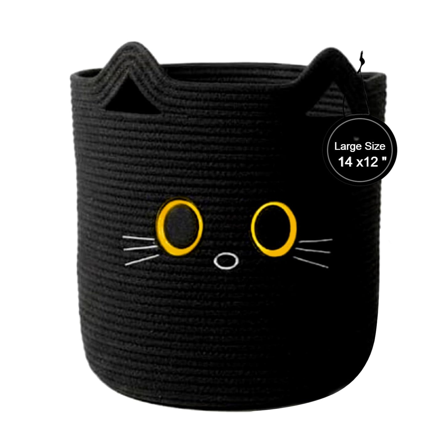 Nursery Storage Basket, 25L Large Woven Cotton Rope Baby Bin, Black Cat Design, Cutout Handles, Foldable, Washable, & Baby-Safe Organization for Kids Toy, Stuffed Animals, Laundry Hamper (Black Cat)