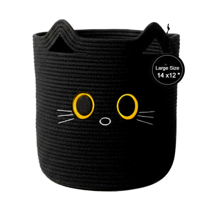 Nursery Storage Basket, 25L Large Woven Cotton Rope Baby Bin, Black Cat Design, Cutout Handles, Foldable, Washable, & Baby-Safe Organization for Kids Toy, Stuffed Animals, Laundry Hamper (Black Cat)