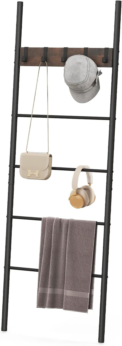 S AFSTAR Wall Leaning Blanket Ladder, 5-Tier Ladder Shelf with 5 Removable Hooks, Industrial Blanket Holder Rack, Drying and Display Rack for Bathroom, Living Room, Entrance, Rustic Brown