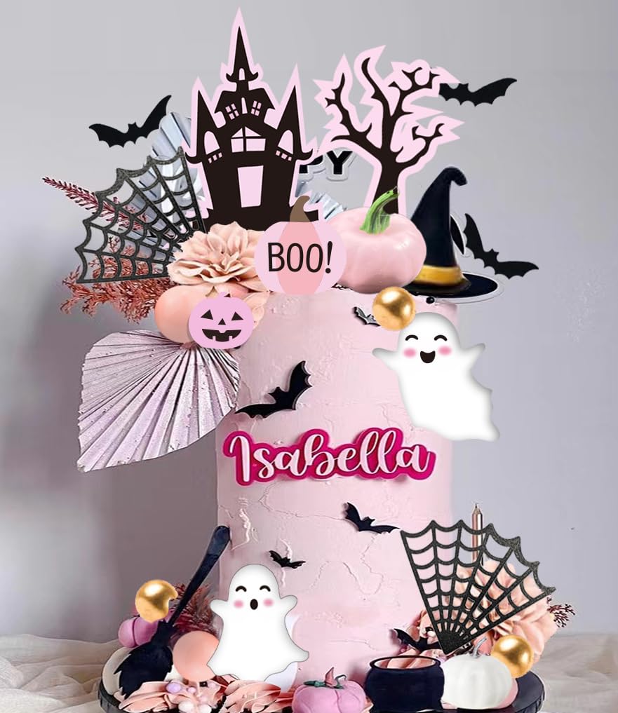 Pink Pumpkin Cake Topper - Boo Spooky Witch Ghost Flower Toppers for Halloween Birthday Baby Shower Party Supplies