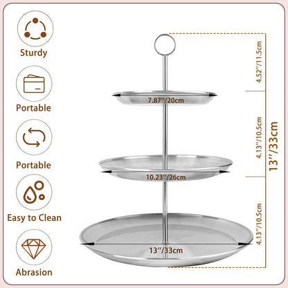 LIAISIMI 3 Tier Silver Cupcake Stand Stainless Steel Dessert Display Rack with Removable Tiered Tray for Parties,Weddings,Birthdays,Decorations,Any Festivals and Festivities(Stainless Steel Pole)