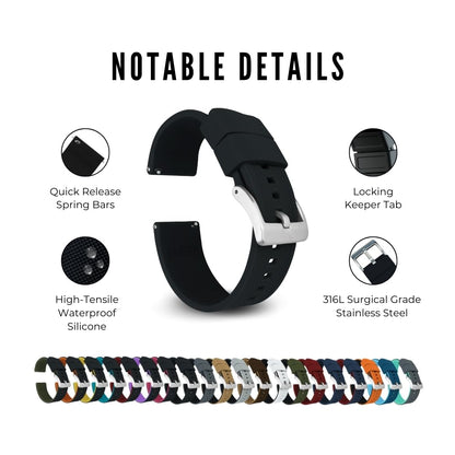 Barton Elite Silicone Watch Band (20mm) | Quick Release Premium Silicone Strap with Stainless Steel Buckle | Compatible with Classic & Smart Watches | Comfortable, Durable, Stylish, Waterproof - Black