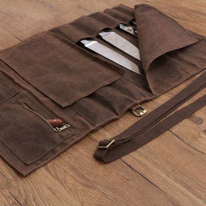 JDGHGB Chef Knife Roll Bag,Waxed Canvas Knife Bags with 10 Slots and 1 Zipper Pocket,Chef Bag for Chefs Professional Knife Roll Pouch with Shoulder Strap (Brown)