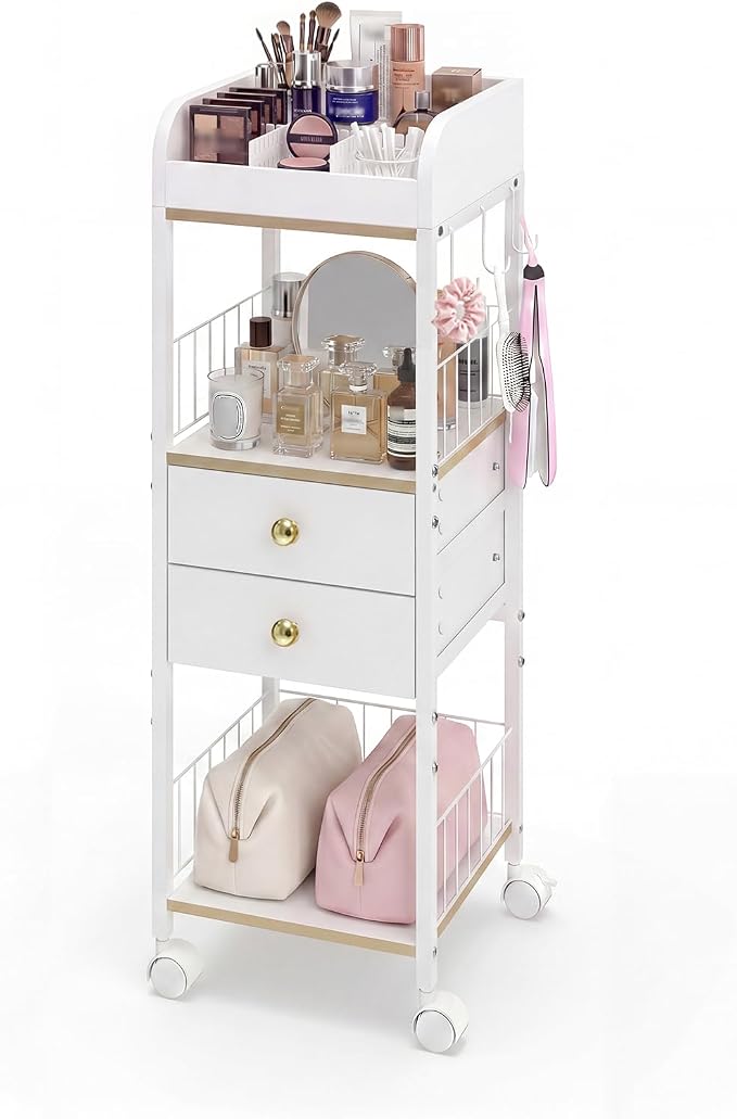 Makeup Organizer Cart, Rolling Floor Skincare Organizer and Storage with 2 Wooden Drawers, Cosmetics Display Cases Holder for Skin Care Perfume Hair Tools Nail Polish（White & Gold）