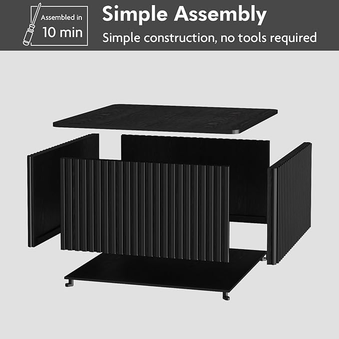 Fluted Square Coffee Table with Storage, Large Wood Center Table with Solid Wood Veneer Top, Mid Century Modern Low Coffee Table for Living Room, Black